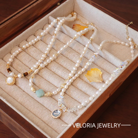 Vintag Freshwater Pearl | Vintage Freshwater Pearls Tiger's Eye Aquamarine Four-leaf Clover Necklaces