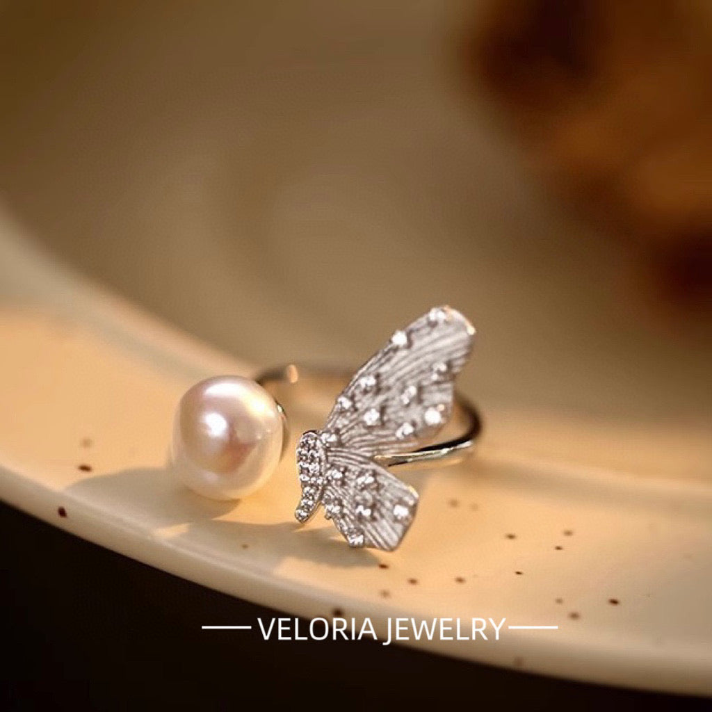 Butterfly | 925 Silver Natural Pearl Butterfly Adjustable Ring