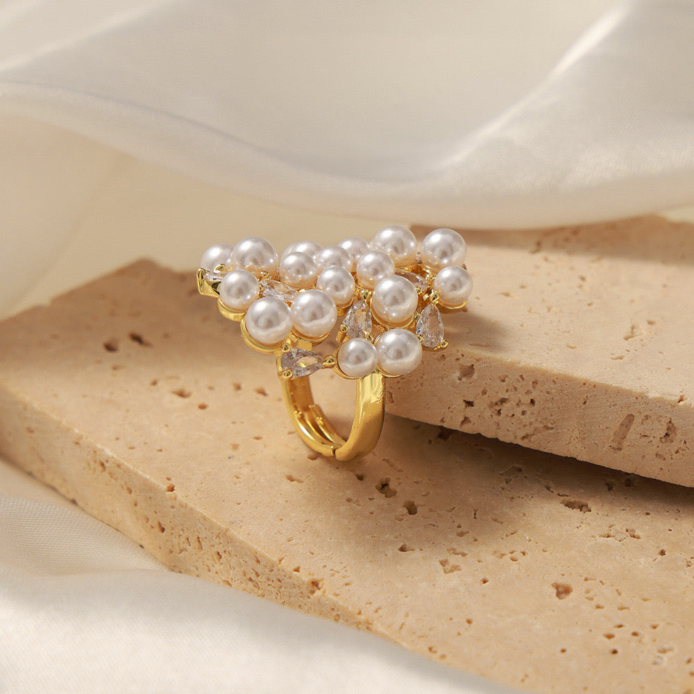 Fashion | Copper Zircon Pearls Adjustable Ring