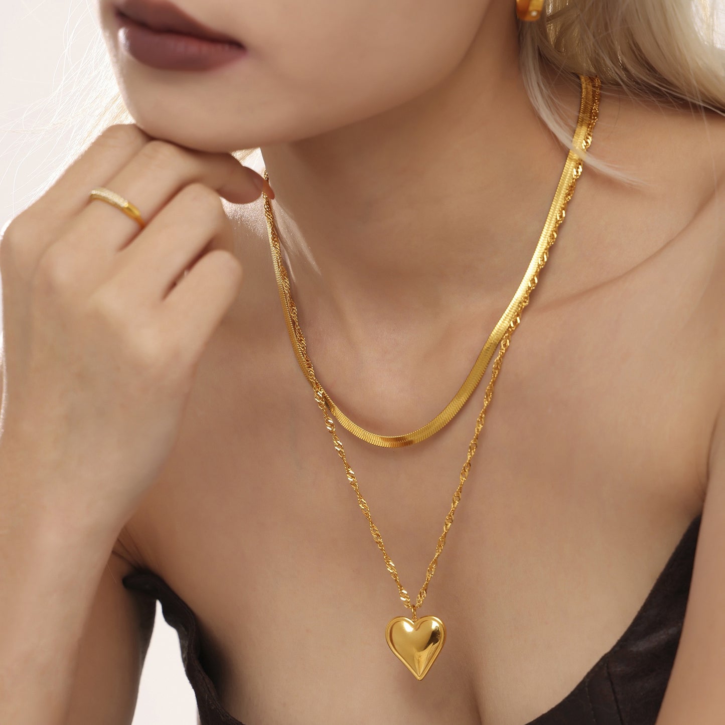 Fashion | Heart-shaped Water Ripple Blade Chain Double-Layered Necklaces