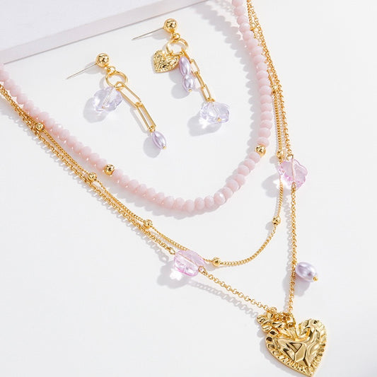 Lavender series | Three-layer Chain Imitation Pearls Necklaces and Earrings