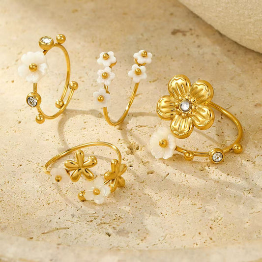 Flower | White butterfly shell inlaid with zircon Adjustable Ring