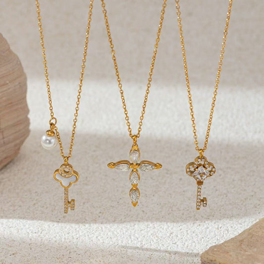 Fashion| 14K Zircon Cross key necklace Necklaces