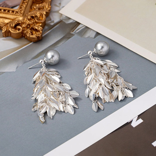 Fashion | 925 silver needle long tassel gray pearl earrings