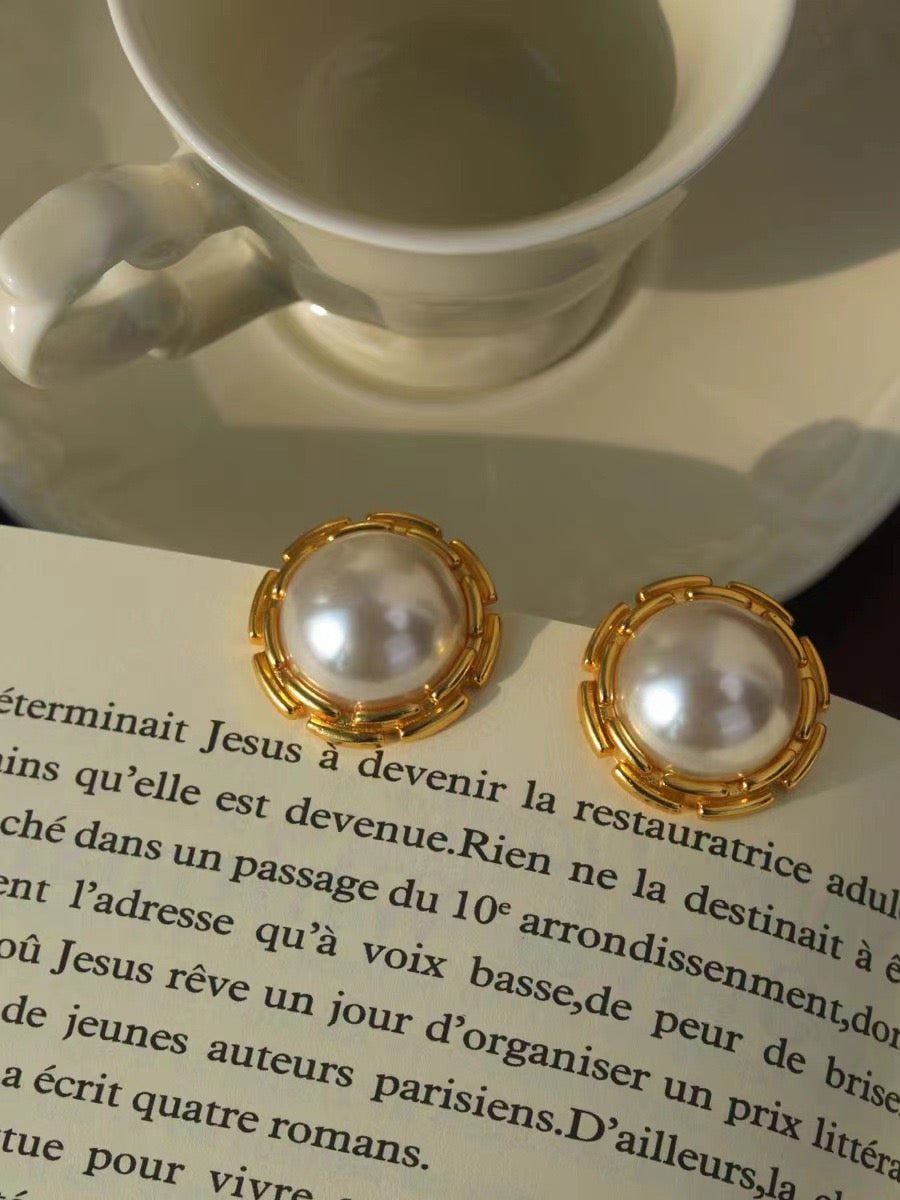 Retro |  925 silver needle large pear French metal round stud earrings