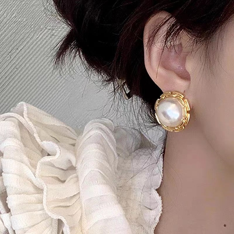 Retro |  925 silver needle large pear French metal round stud earrings